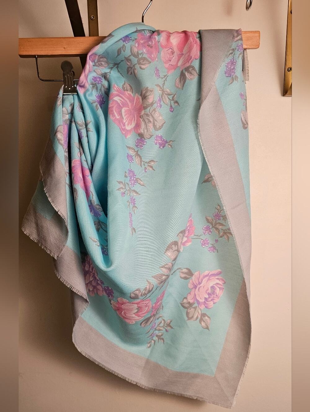 Made In Italy Pastel Floral Light Blue Scarf with Pink Roses